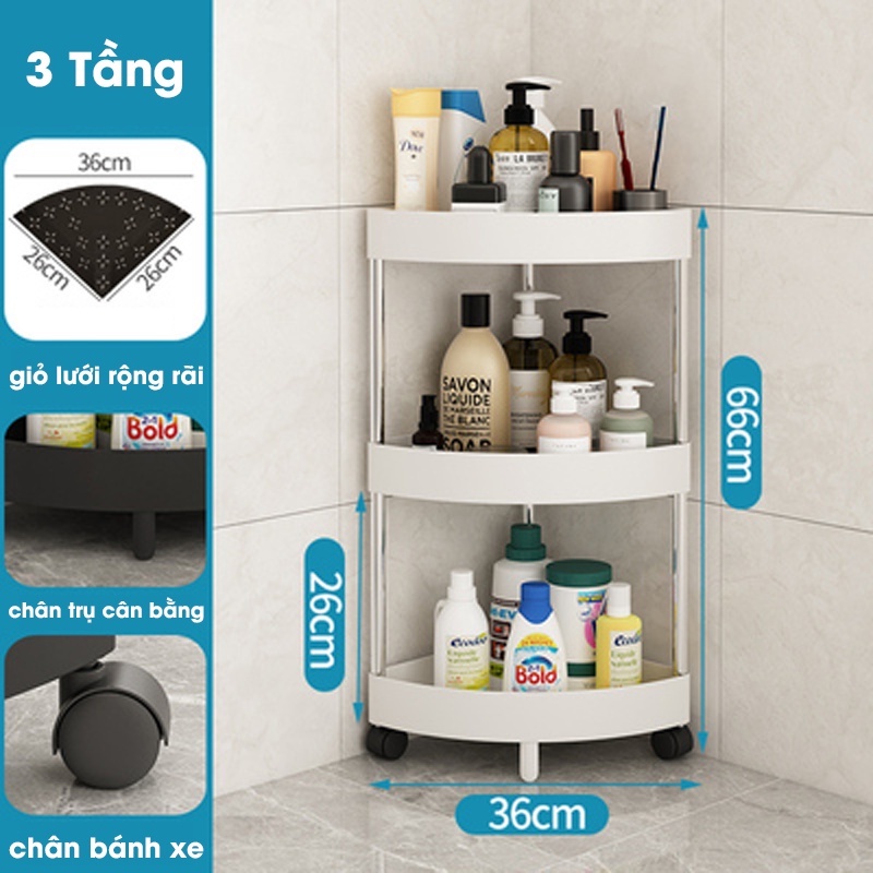 Kệ để đồ đa năng nhà tắm, bếp-kệ để góc gọn chất liệu khung kim loại chống gỉ chân có bánh xe di chuyển tiện lợi