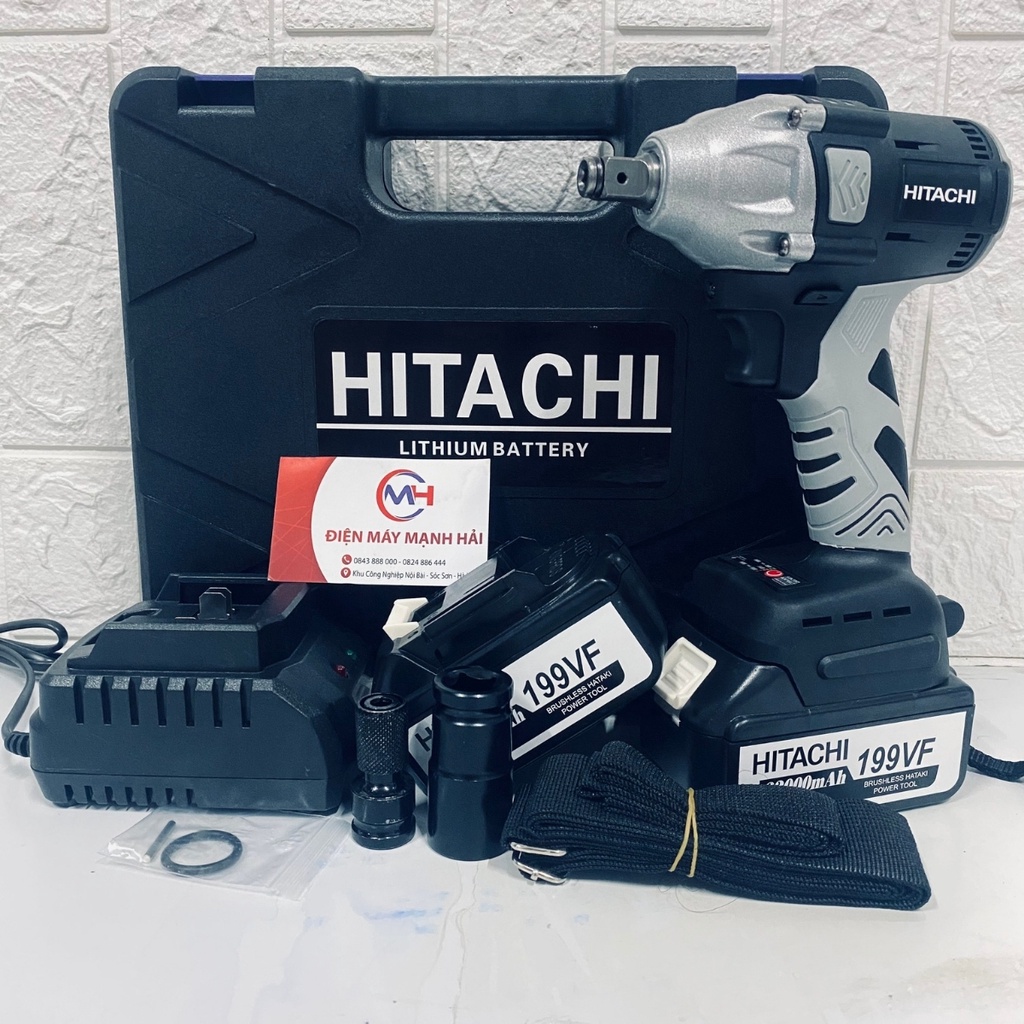 Máy siết bulong Hitachi 199VF - 2 PIN - Đầu 2 trong 1 - Máy bắn bulong KHÔNG CHỔI THAN - TẶNG Đầu chuyển vít, khẩu 22mm