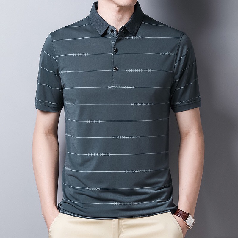 Áo polo nam có cổ trung niên form rộng kiểu sọc ngang nhỏ vải cotton