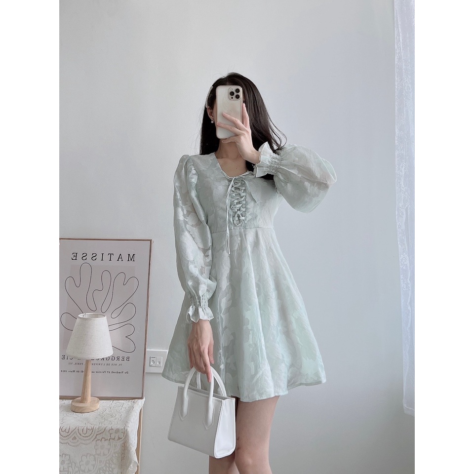 Đầm hoa dự tiệc tay phồng Cột nơ vintage Kiểu đầm xòe nhẹ công chúa.