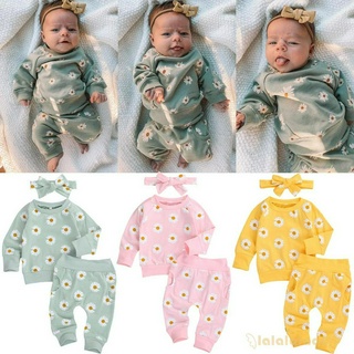 Bộ áo dài tay + quần dài + băng đô in hoa cúc đáng yêu cho bé gái