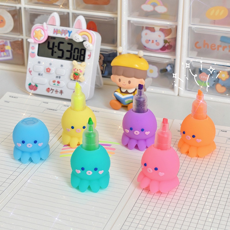 Bộ Bút Bắt Sáng 5 Màu Sắc Hình Bạch Tuộc Dùng Trong Trường Học / Văn Phòng