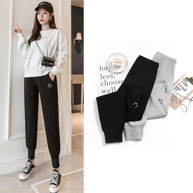 quần bầu nỉ da cá thêu mặt cười có đáp bụng chun chỉnh