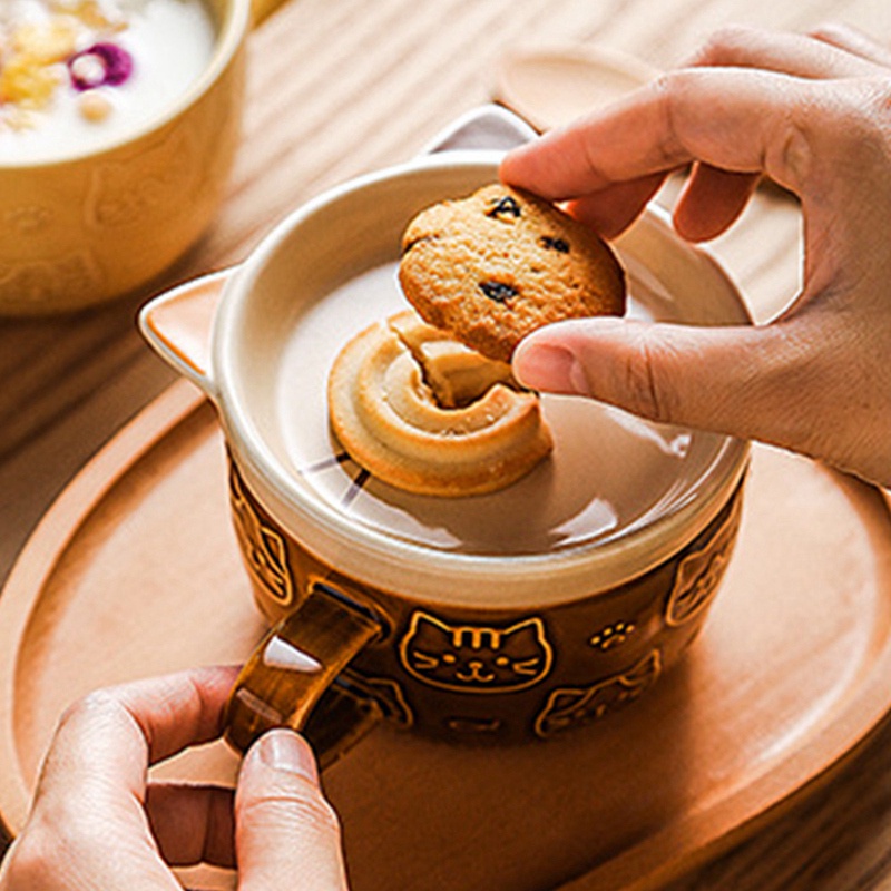 Cốc Sứ Uống Cà Phê Có Nắp Đậy Hình Mèo Dễ Thương