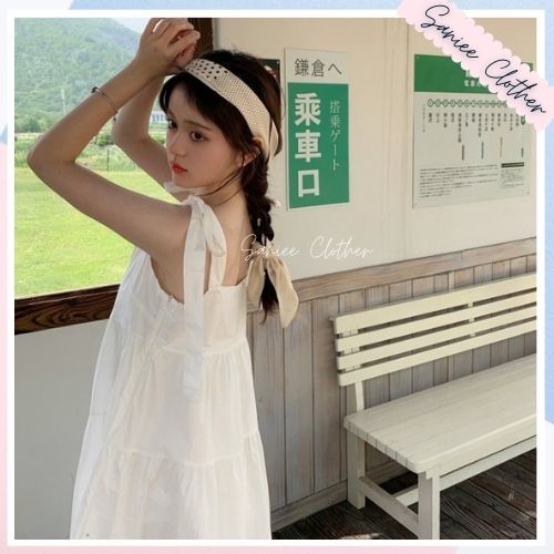 Váy 2 dây nơ đầm babydoll nữ chất đũi mềm phù hợp đi biển Sanniee Clother