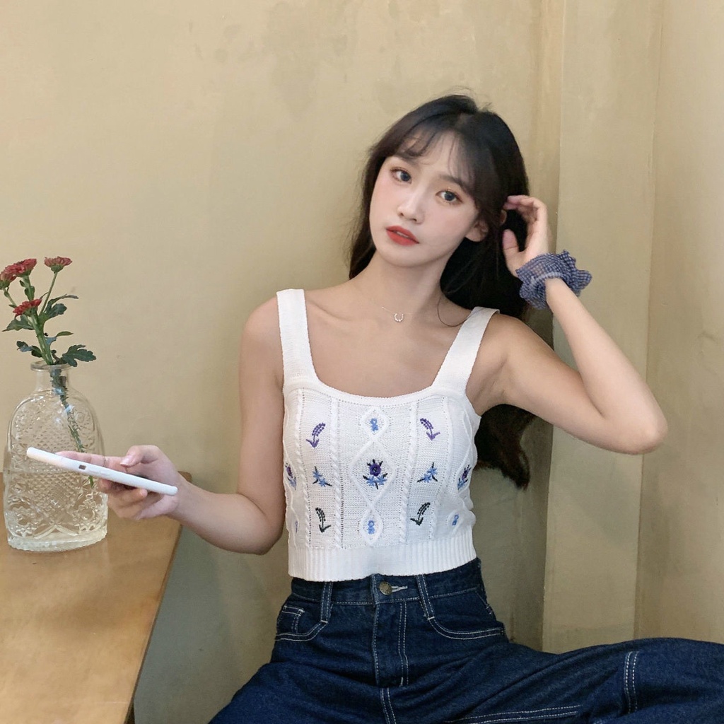 Áo Hai Dây Dệt Kim Thêu Họa Tiết Phong Cách Retro Hàn Quốc