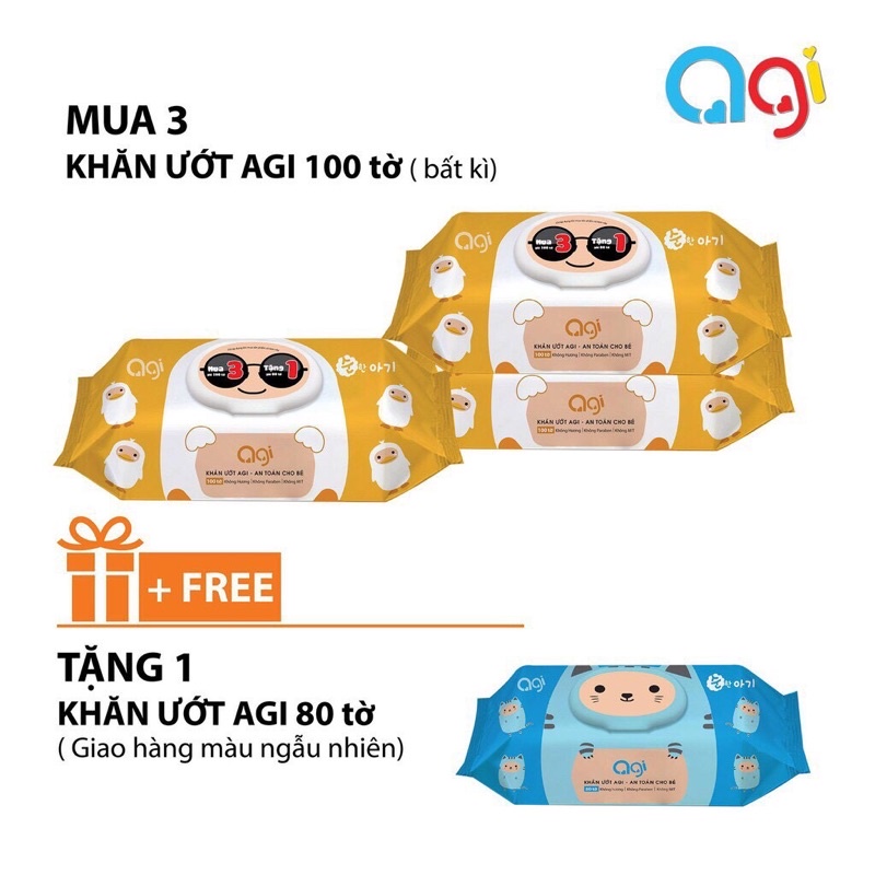 Combo khăn ướt Agi 3 gói 100 tờ ( tặng 1 gói 80 tờ)