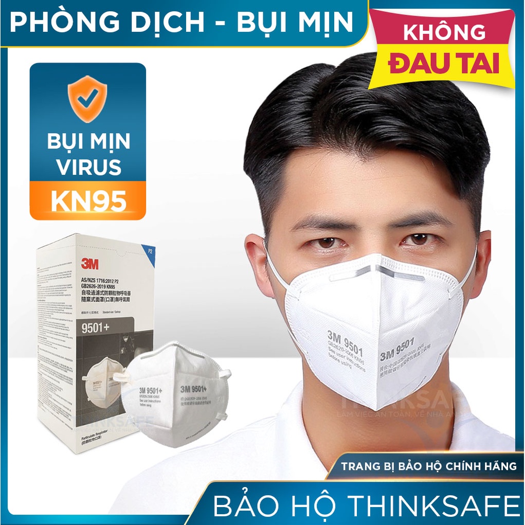 Khẩu trang 3M 9501 Thinksafe, kiểu dáng 3d đẹp, vải kháng khuẩn, màu trắng, bụi mịn, tiêu chuẩn KN95, 3M chính hãng