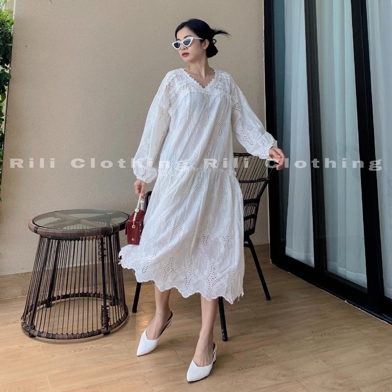 Đầm maxi ren tay dài