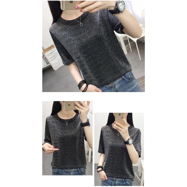 Women's loose bright silk T-shirt base shirt 2021 summer new Korean style ice silk knitted short-sleeved round neck top ins