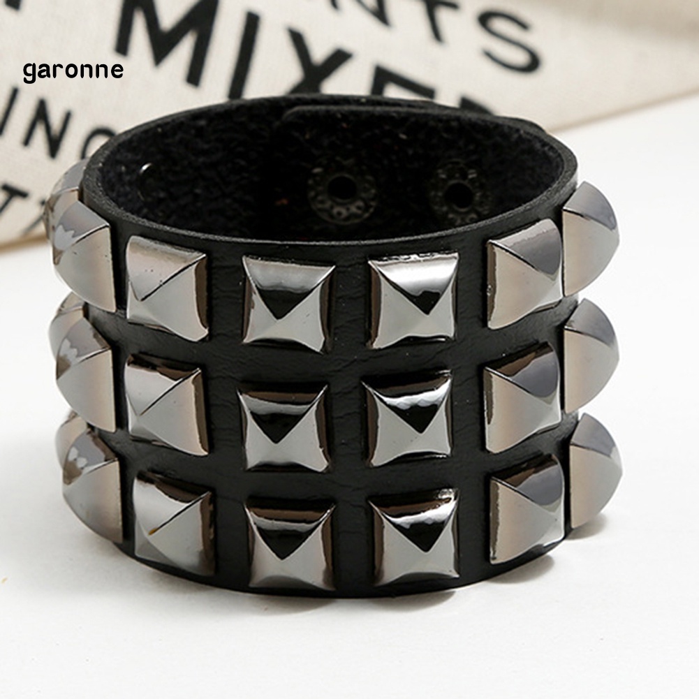 GAR Punk Men Women Club Square Rivet Studded Wide Cuff Faux Leather Bangle Bracelet