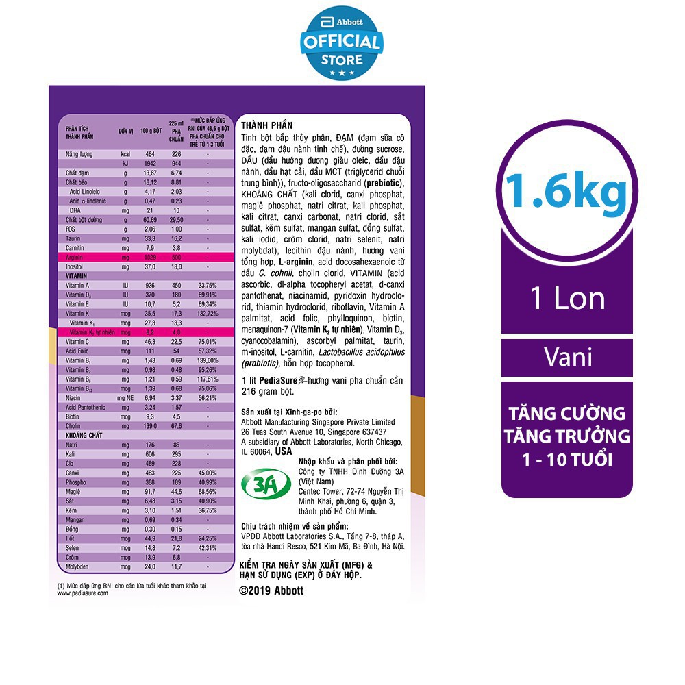 Sữa bột Abbott Pediasure 1.6kg [Date 09/2022]