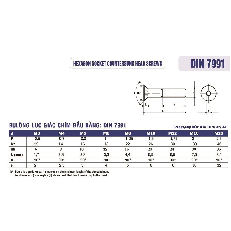 Bulong lục giác chìm đầu bằng inox size M6. Ốc lục giác chìm đầu non inox, inox 304, DIN7991