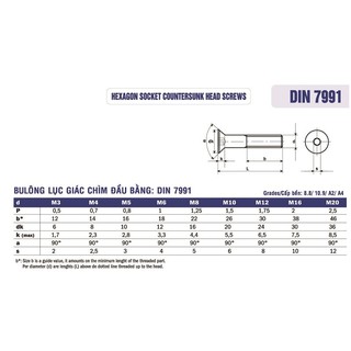 Bulong lục giác chìm đầu bằng inox size M6. Ốc lục giác chìm đầu non inox, inox 304, DIN7991