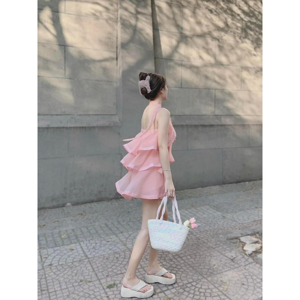 SET ĐẦM BỐNG TẦNG HỒNG CAM BBD BÈO TẦNG + QUẦN SHORT KEM CAM (TH)