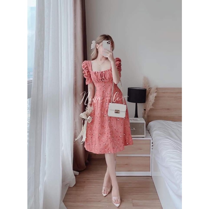 Đầm hoa dáng xòe xếp ly có mút ngực cổ vuông tay phồng dịu dàng nữ tính, đầm công sở hoa nhí