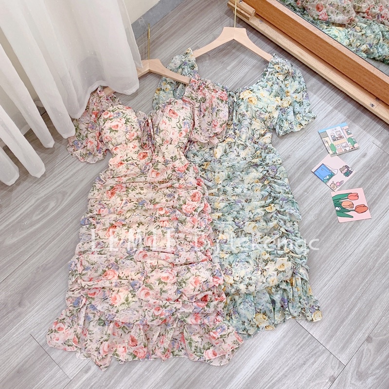 Váy Tơ Hoa Cổ Vuông Cúp Ngực Nhún Đuôi Cá Tiểu Thư Siêu Xinh , Đầm Hoa Mùa Hè V032