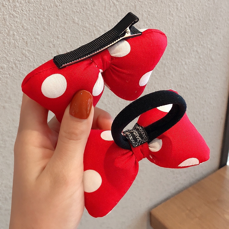Dây buộc tóc thiết kế nơ đỏ chấm bi theo phong cách chuột Mickey cho nữ