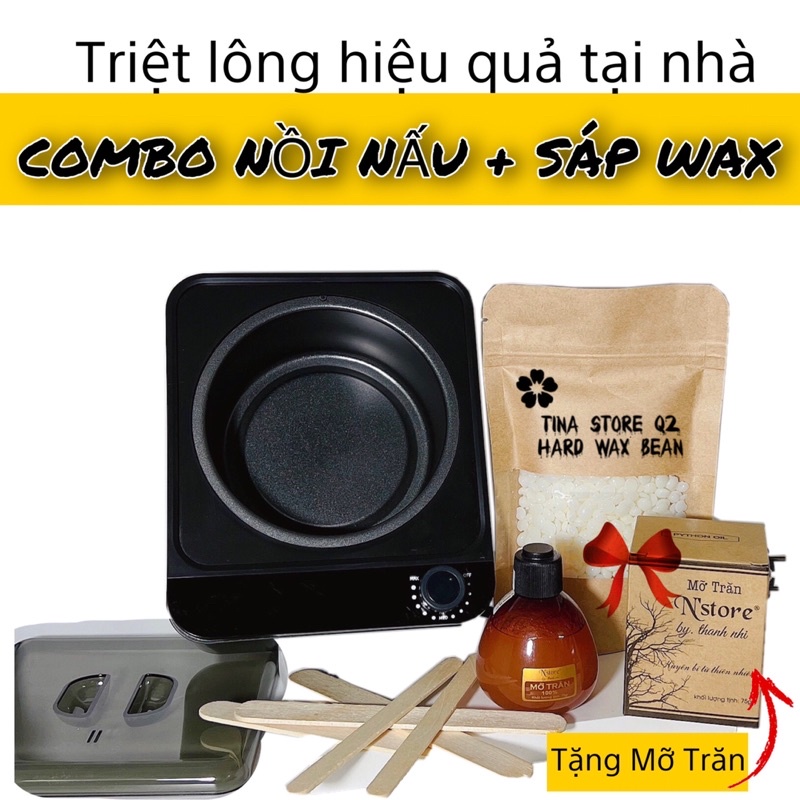 Combo nồi nấu sáp và sáp wax lông tặng kèm mỡ trăn giúp tẩy sạch lông vùng tay chân , bikini , râu - tinastoreq2