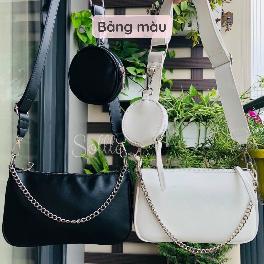 Set Túi bao tử đeo chéo dây xích da PU kèm ví mix nhiều kiểu dễ phối đồ cá tính Sollle