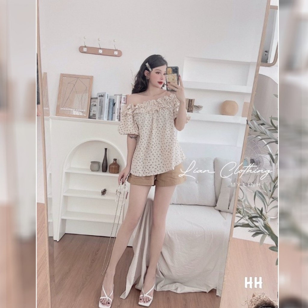 Sét đồ nữ, bộ đồ áo hoa Nhí trễ vai kèm quần kaki chun sau siêu chất kiểu dáng basic vintage