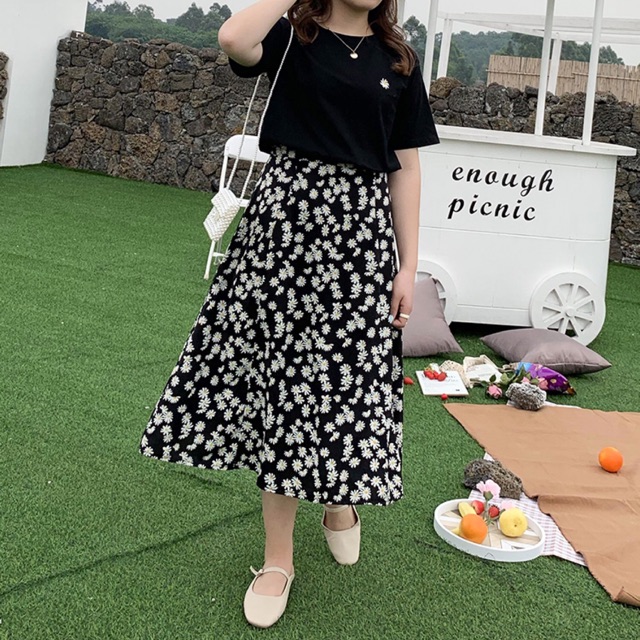 Chân váy xoè dáng dài big size in hoa cúc size đại 65-105kg