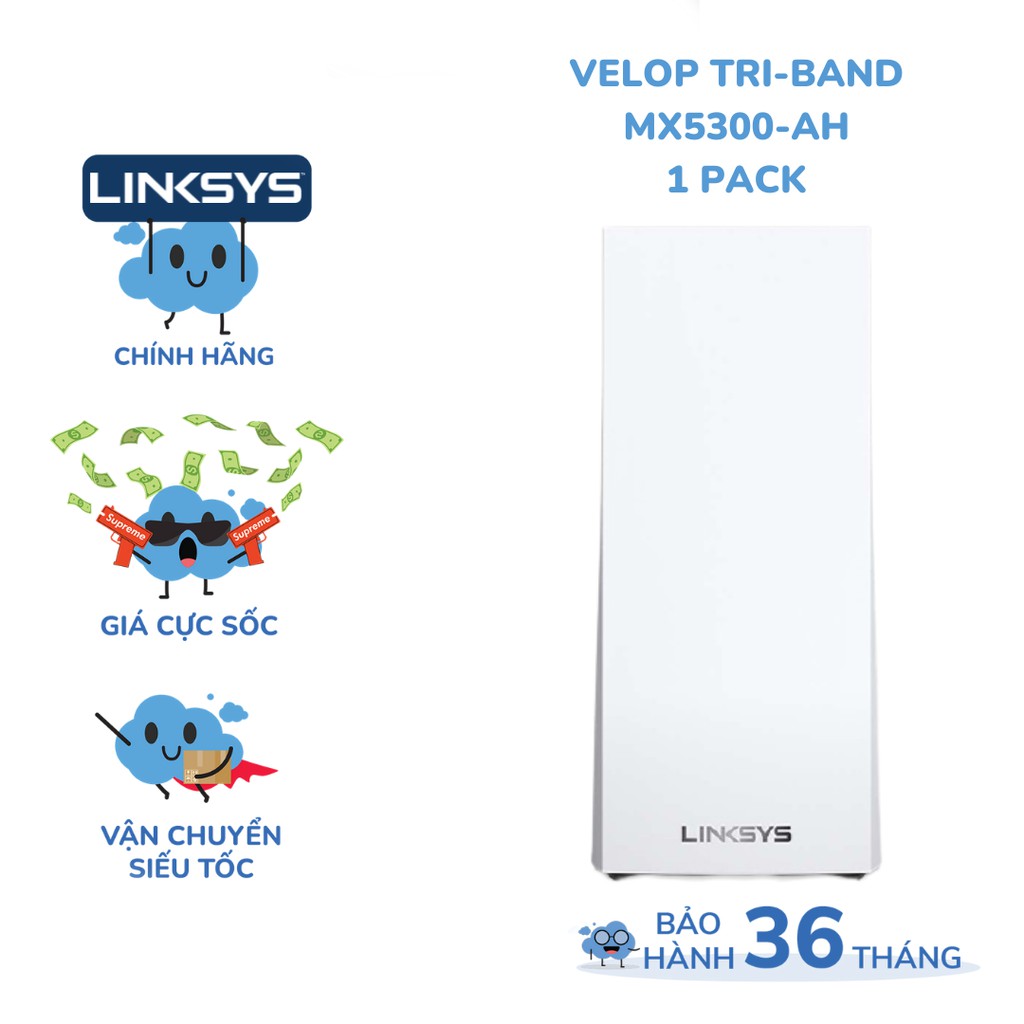 (1 PACK) Bộ phát wifi LINKSYS VELOP MX5300 chuẩn AX tốc độ 5300mbps tri-band interlligent mesh wifi 6 MU-MIMO system