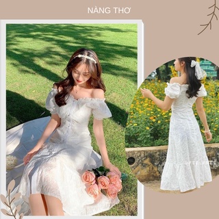 ND30 Đầm midi trắng ngắn tay viền phối nút bọc đuôi cá.