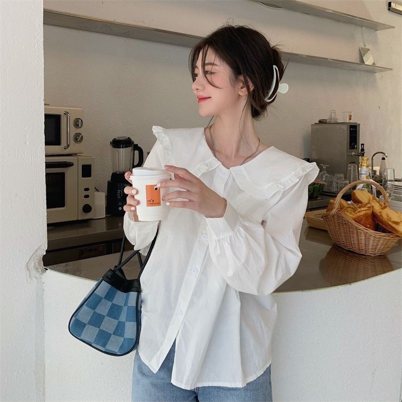 Linki ❀ Áo Sơ Mi Cổ Búp Bê Phong Cách Hàn Quốc Xinh Xắn Cho Nữ