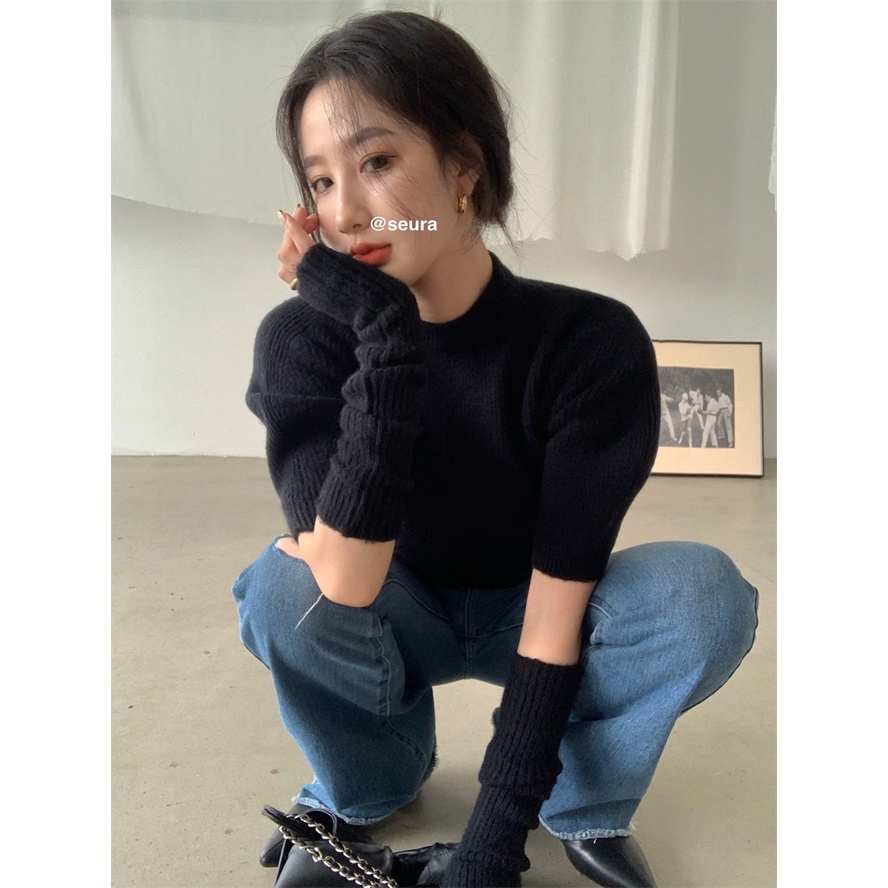 QKOOLE  Áo sweater dệt kim cổ tròn + găng đeo cánh tay kiểu Hàn Quốc thời trang cho nữ