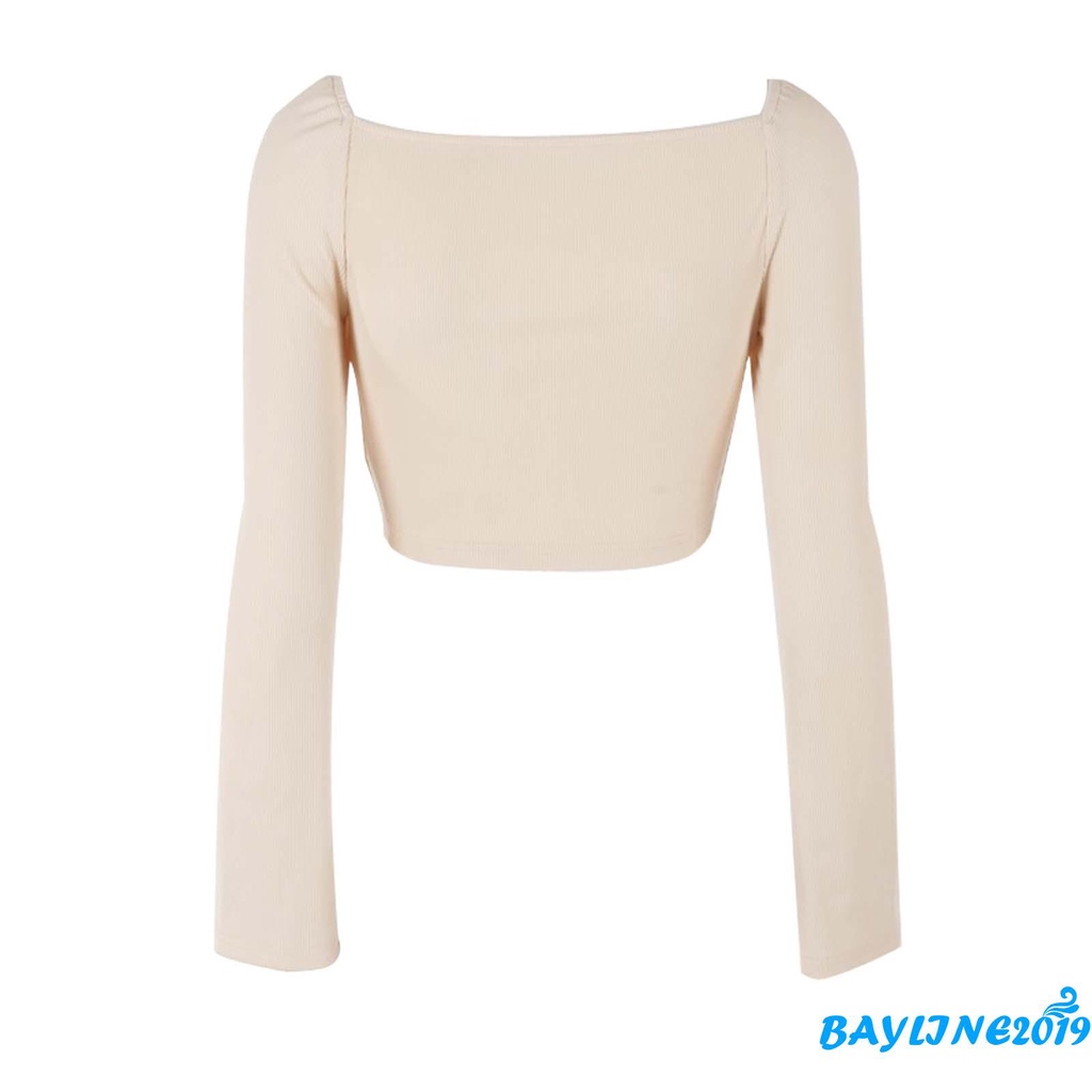 Áo croptop dệt kim tay dài cổ vuông thiết kế thời trang gợi cảm dành cho nữ