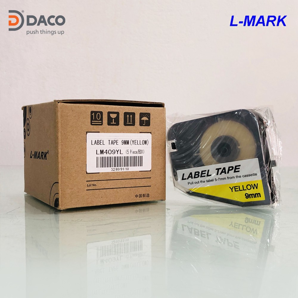 LM409YL: Băng nhãn in cho máy in ống lồng đầu cốt LK320, LK-320, 9mm x 8m màu vàng