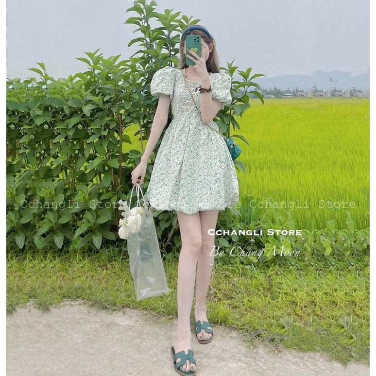 ĐẦM HOA XANH CỔ VIỀN NGỌC NƠ LƯNG Xinh xĩu luôn á chùi Freesize Sỉ #210k