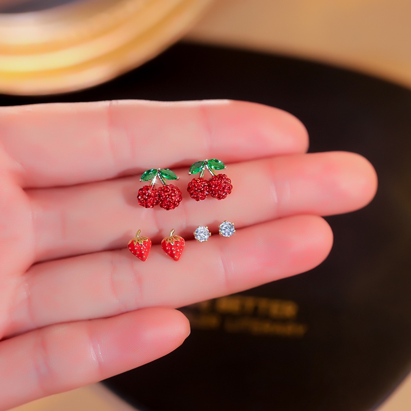 Khuyên tai JIUDUOLAN thiết kế quả cherry/ dâu tây màu đỏ dễ phối đồ thời trang xinh xắn
