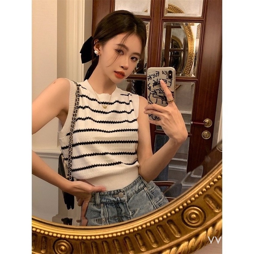 Áo Dệt Kim Sát Nách Dáng Ôm Họa Tiết Kẻ Sọc Thời Trang Hàn Quốc Cho Nữ