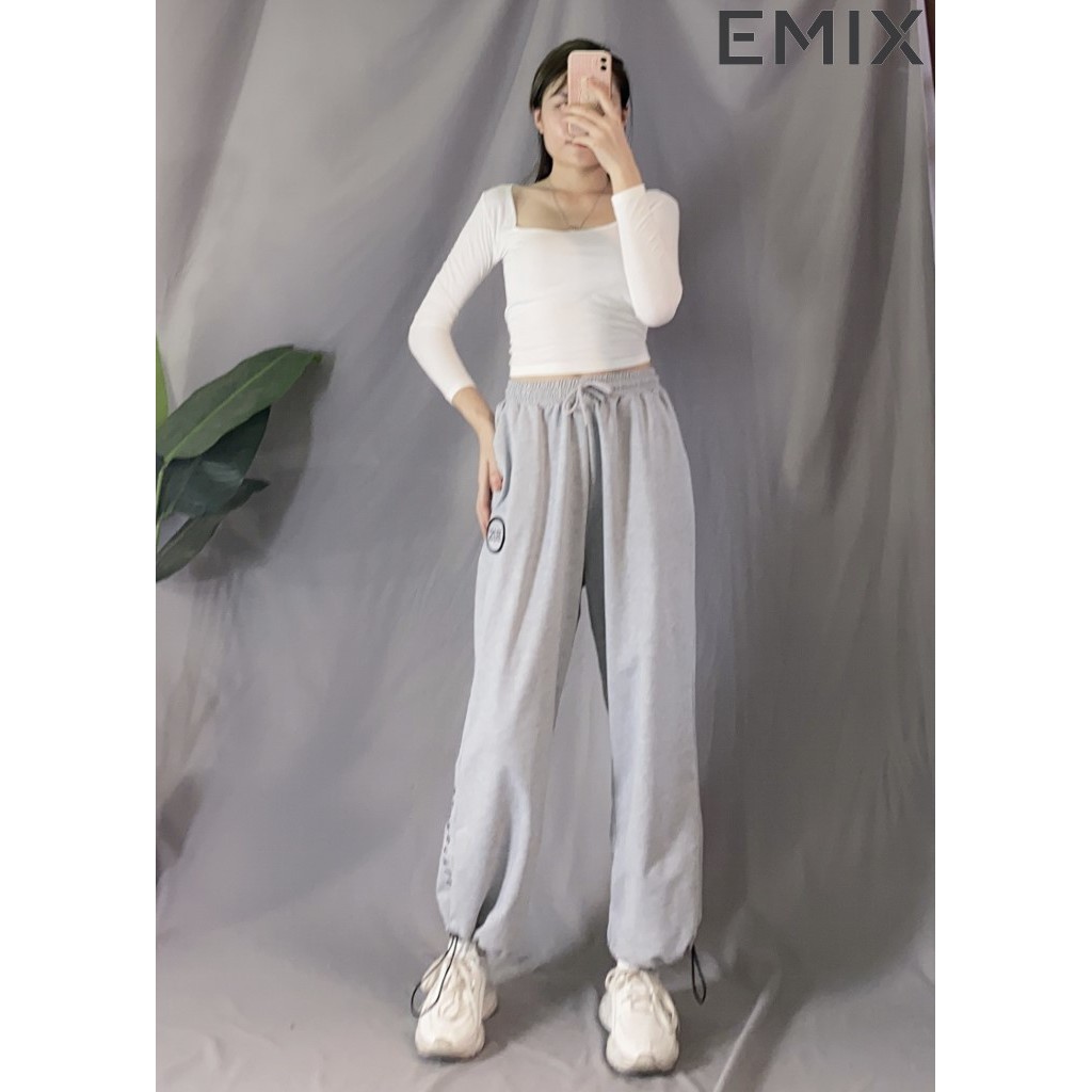 Quần nỉ nữ ống rộng EMIX (màu ghi), dáng dài, lưng chun, bo gấu, form thụng, vải nỉ, mềm mịn, không bai xù