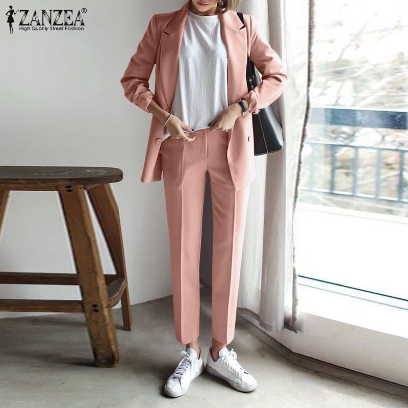 Bộ trang phục ZANZEA áo blazer và quần dài ôm dáng màu trơn đơn giản phong cách Hàn Quốc cho nữ