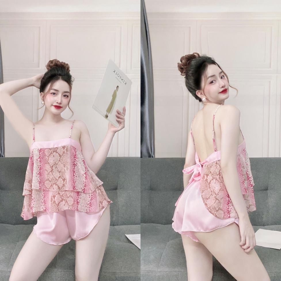 Đồ Ngủ Sexy, Bộ Đùi Cột Dây Sau Quần Satin Phối Voan 40<65kg | BigBuy360 - bigbuy360.vn