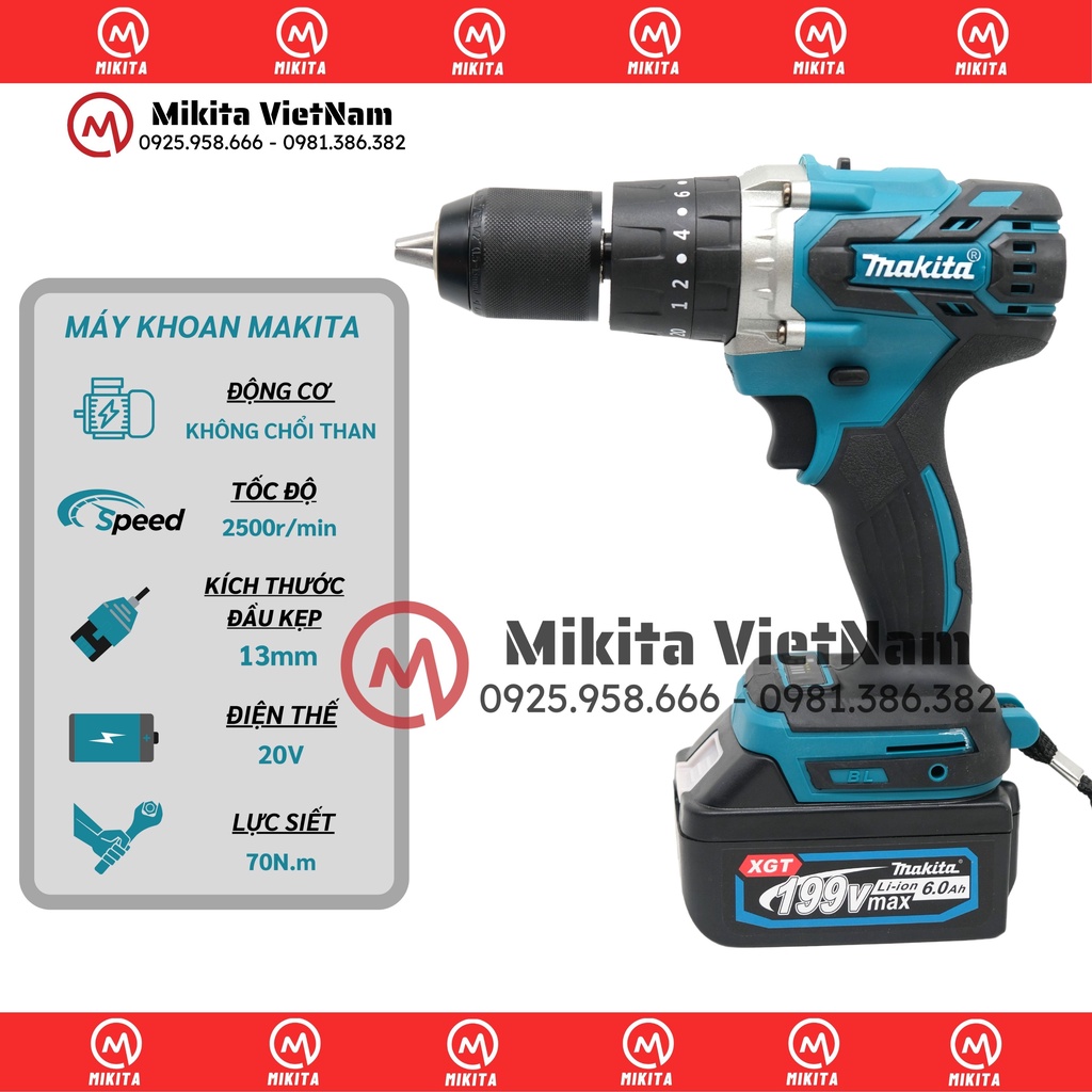 Máy Khoan Pin Makita 199V Động Cơ Không Chổi Than, Đầu auto lock 13mm