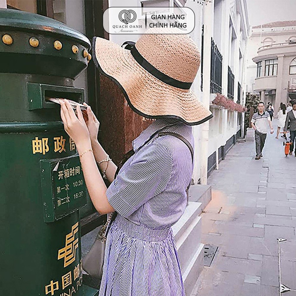 Mũ nón cói QO ACCESSORIES vành rộng lượn sóng viền đen dây nơ cho mẹ và bé đi biển mùa hè MU35