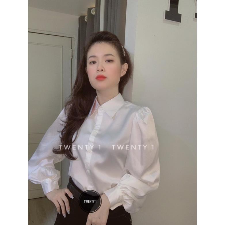 Áo Sơ Mi Tay Bồng Bo Ống Màu Trắng Chất Lụa Bóng Thời Trang Công Sở Cho Nữ