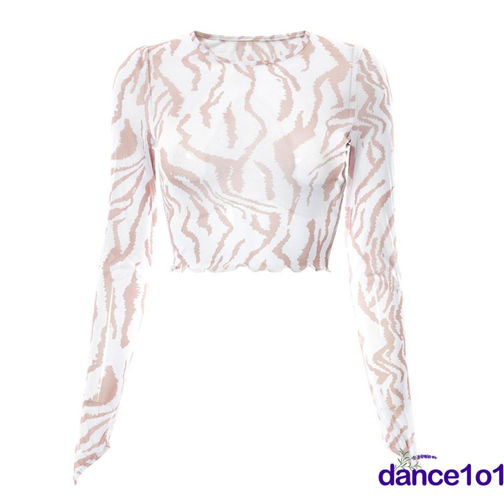 Áo kiểu tay dài cổ tròn ngắn viền tai gỗ in họa tiết cho nữ