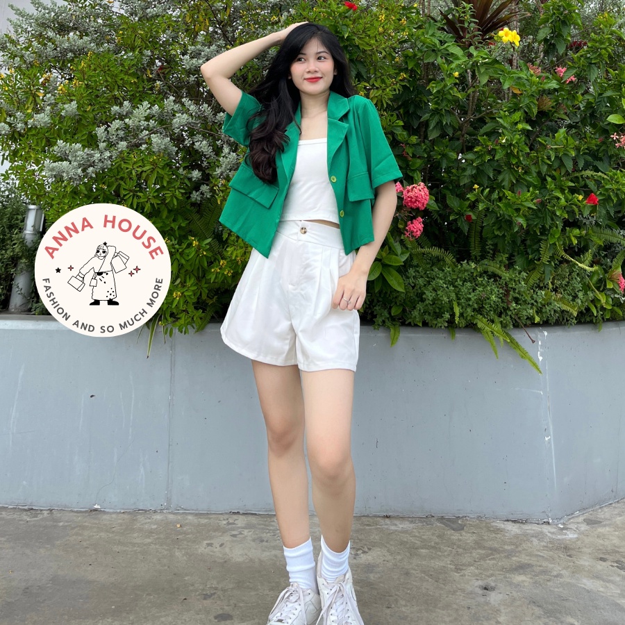 Áo khoác Blazer nữ dáng croptop ngắn tay form rộng cổ vest túi nắp, Áo blazer nữ khoác ngoài dáng ngắn cộc tay cổ vest | BigBuy360 - bigbuy360.vn