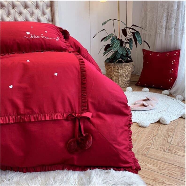 Bộ chăn ga gối cao cấp cotton lụa thêu 60s Kiss Me 7 món