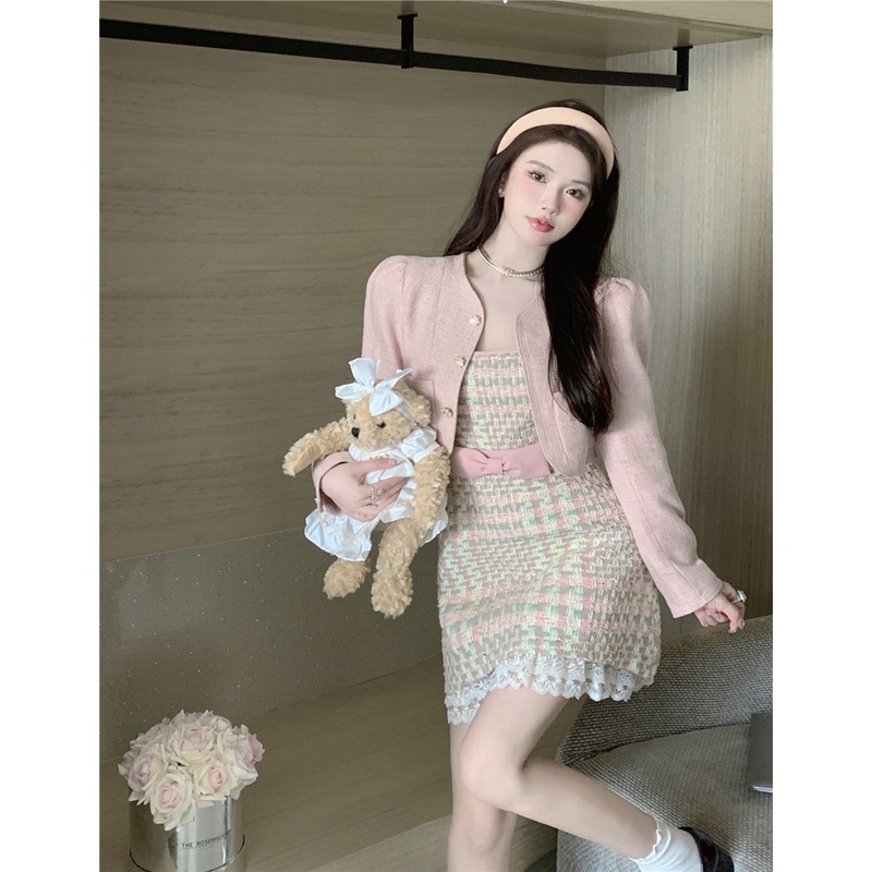 Áo Khoác Mùa Thu + Đầm Hai Dây Thắt Nơ Gợi Cảm Cho Nữ