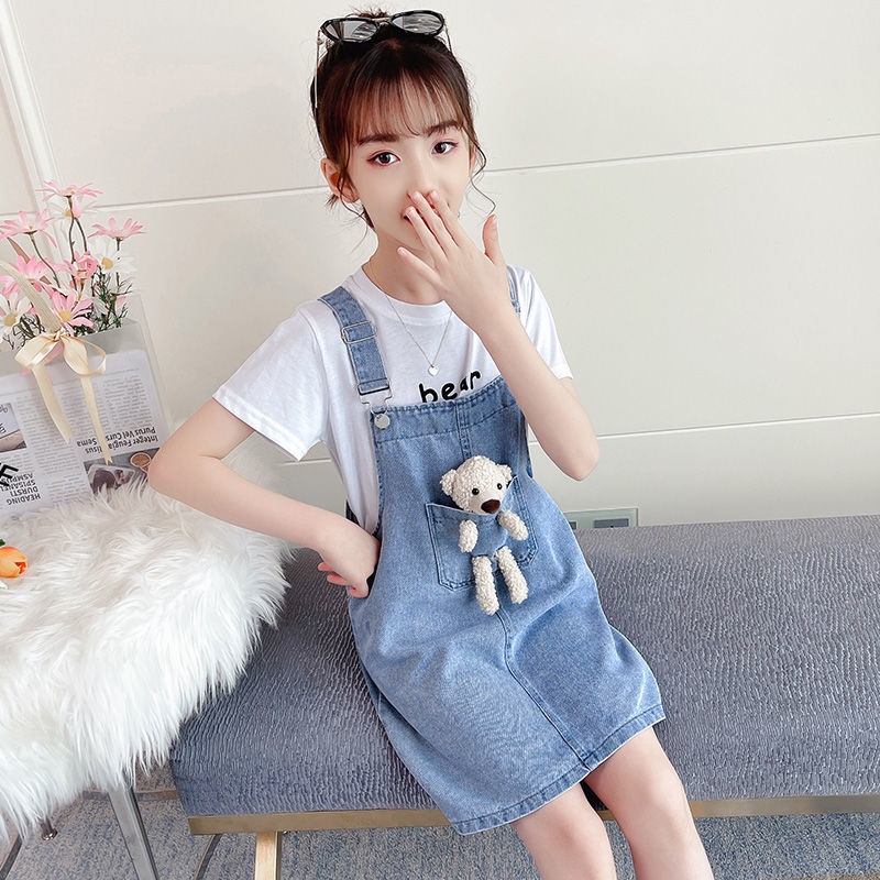 Bộ Trang Phục Hai Mảnh Áo Thun Tay Ngắn Và Váy Yếm Denim Thời Trang Hàn Quốc Mùa Hè Hình Gấu Công Chúa Dành Cho Bé Gái 2022