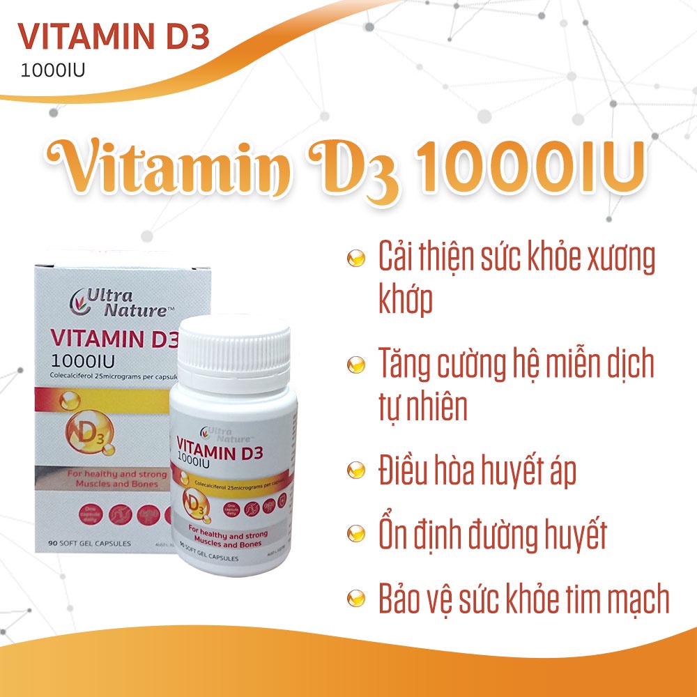 Vitamin D3 1000IU Ultra Nature - Giúp chắc khỏe xương, Tăng cường miễn dịch thêm vitamin E, Dầu đậu nành - Hộp 30 viên