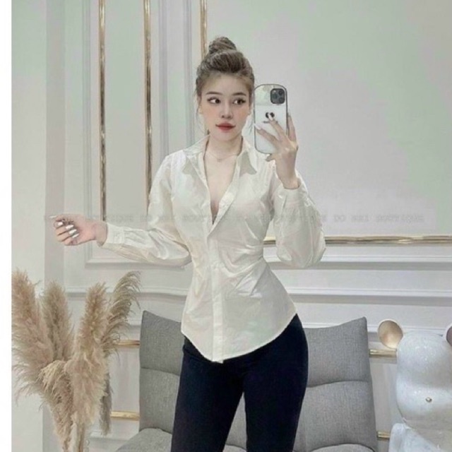 Áo sơ mi trắng tay bồng rúm eo cổ bẻ siêu xinh l1 hv