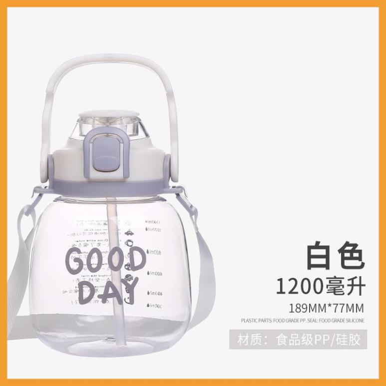 Bình Nước 1.2L Có Ống Hút Nhựa Cao Cấp Kèm Dây Đeo Tiện Lợi Xinh Xắn Dễ Thương