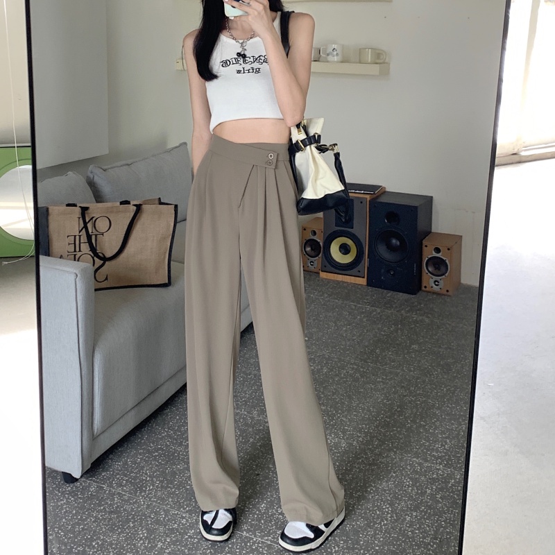 IELGY IELGY Quần Dài Lưng Cao Ống Rộng Màu Sắc Đơn Giản Thời Trang Cho Nữ